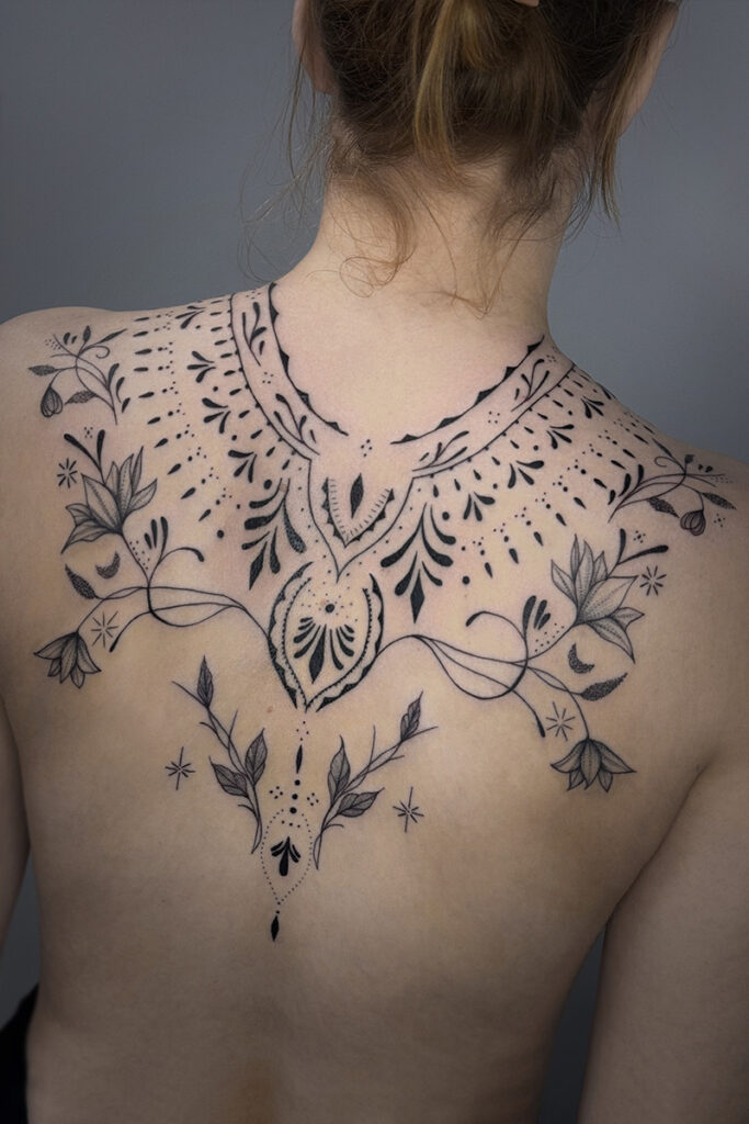 Aesthetic Tattoo Art| Fine line, ornamental tattoo of florals and shapes on the client's back
