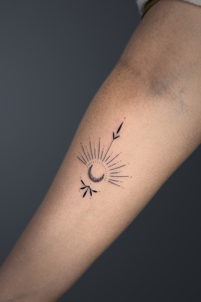 Aesthetic Tattoo Art| Fine line, ornamental tattoo of lines, dots and a crescent moon