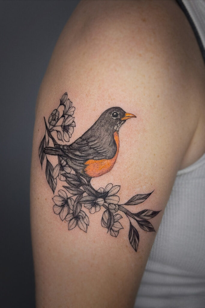 Aesthetic Tattoo Art| Tattoo of a semi-realistic red-breasted robin, sitting on a branch of fine line flowers