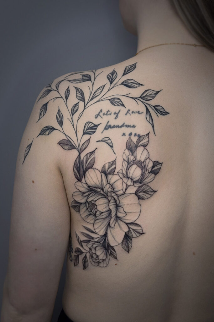 Aesthetic Tattoo Art| Fine line tattoo of peonies with a branch of vines