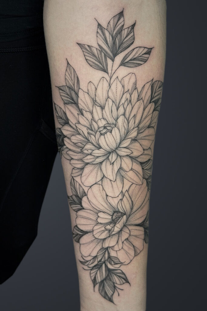 Aesthetic Tattoo Art| Fine line tattoo of a chrysanthemum and a peony